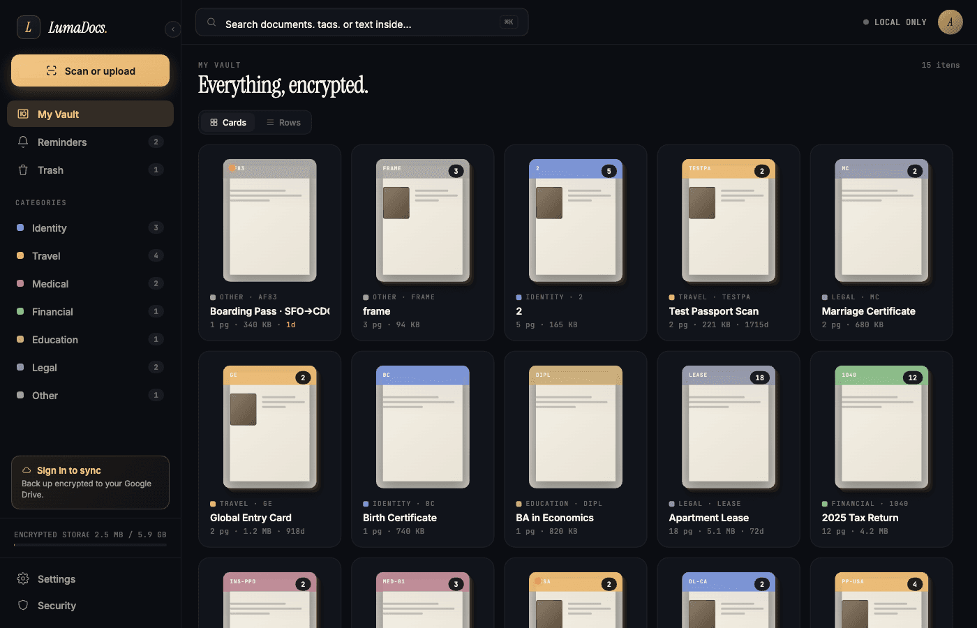 LumaDocs vault — encrypted documents